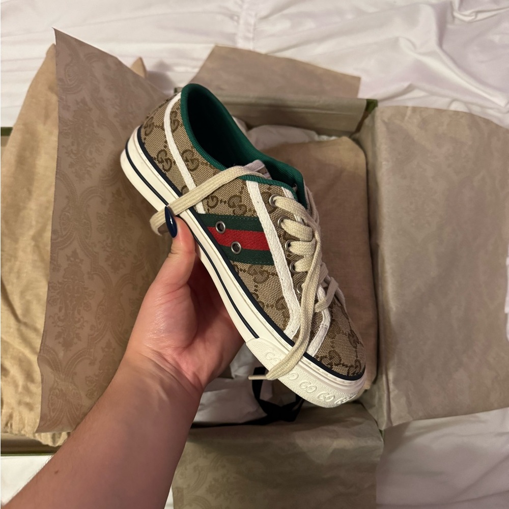 Gucci Beige Monogram Sneakers with Red and Green Accents